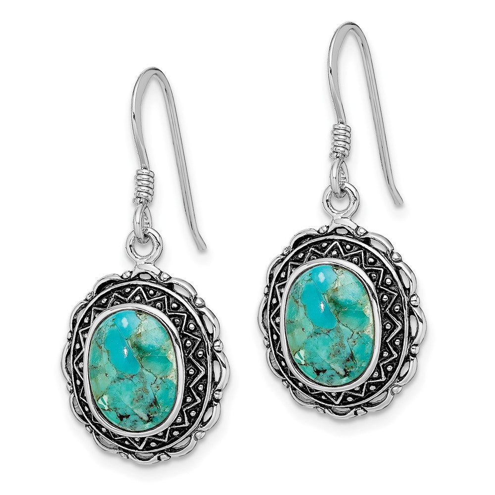 Rhodium-plated Sterling Silver Antiqued with Reconstructed Turquoise Earrings