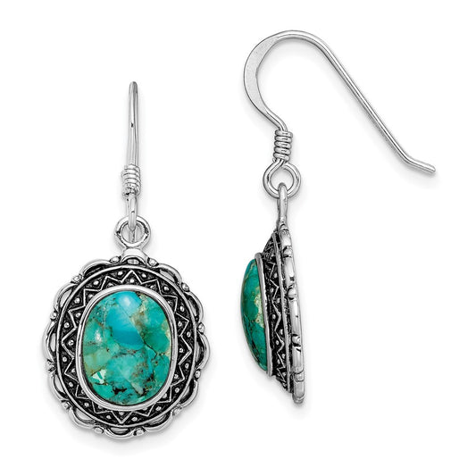 Rhodium-plated Sterling Silver Antiqued with Reconstructed Turquoise Earrings
