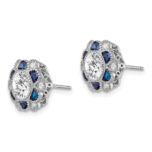 Rhodium-plated Sterling Silver Blue Spinel and CZ Flower Post Earrings