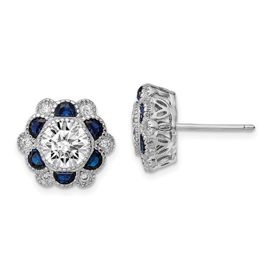 Rhodium-plated Sterling Silver Blue Spinel and CZ Flower Post Earrings