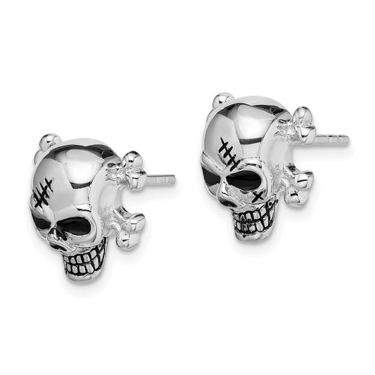 Rhodium-plated Sterling Silver Antiqued Enameled Skull Post Earrings