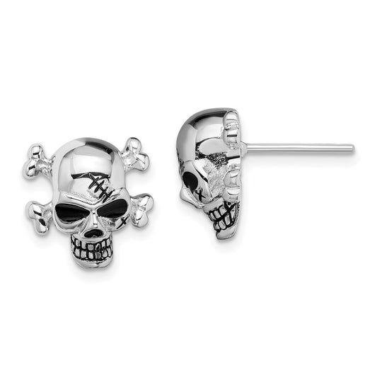 Rhodium-plated Sterling Silver Antiqued Enameled Skull Post Earrings