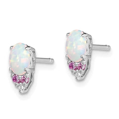 Rhodium-plated Sterling Silver Diamond Cr.Pink Sapp and Simulated Opal Earrings