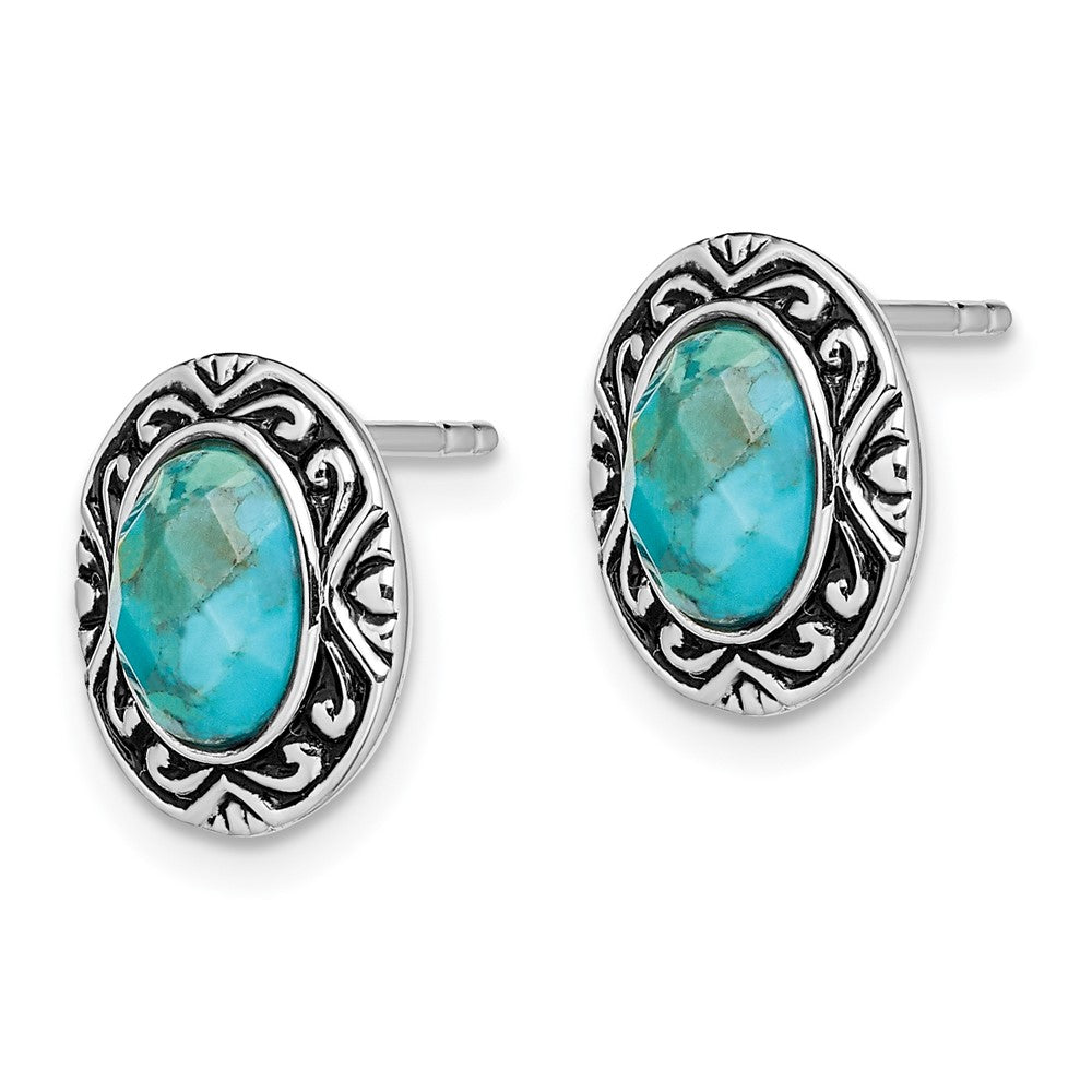 Rhodium-plated Sterling Silver Oxidized with Reconstructed Turquoise Post Earrings