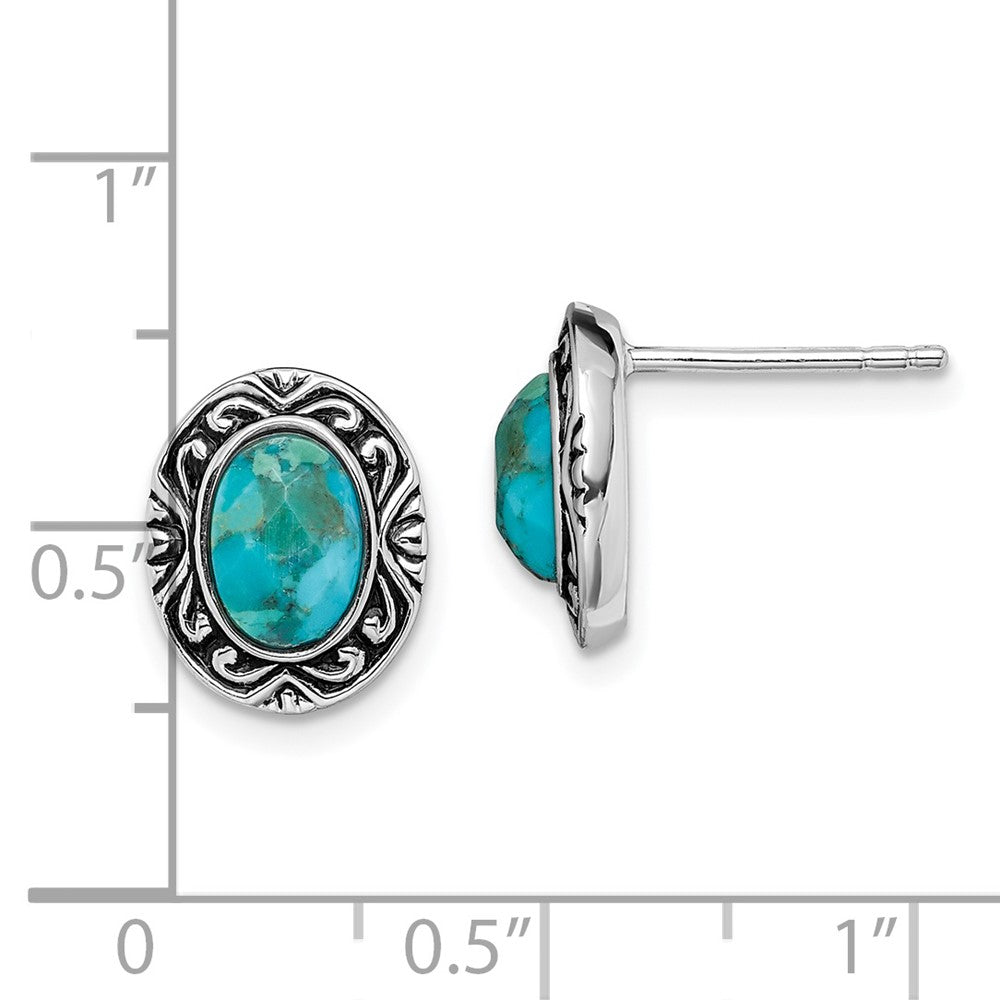 Rhodium-plated Sterling Silver Oxidized with Reconstructed Turquoise Post Earrings