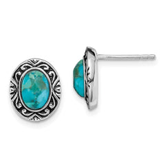 Rhodium-plated Sterling Silver Oxidized with Reconstructed Turquoise Post Earrings