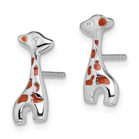 Rhodium-plated Sterling Silver Enameled CZ Giraffe Post Earrings