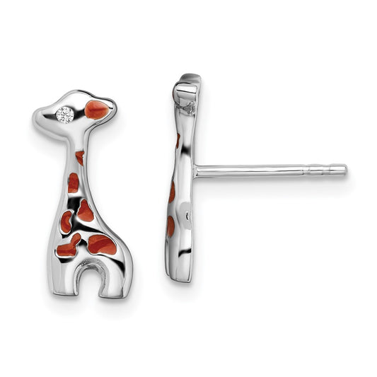 Rhodium-plated Sterling Silver Enameled CZ Giraffe Post Earrings