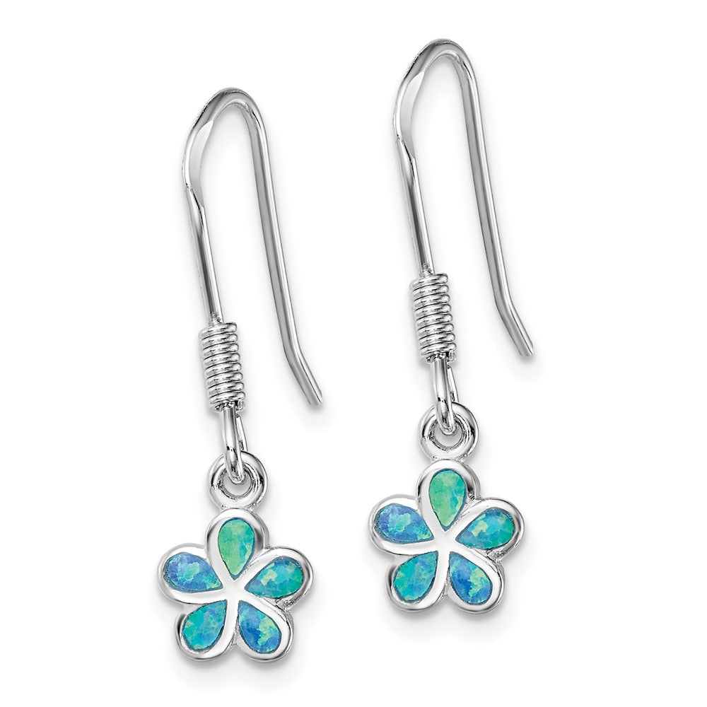Rhodium-plated Sterling Silver Blue Created Opal Flower Earrings