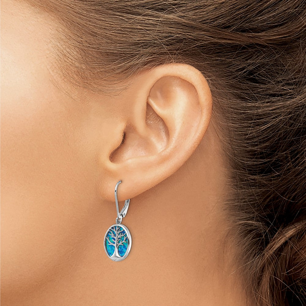Rhodium-plated Sterling Silver Created Opal Tree of Life Leverback Earrings