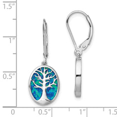 Rhodium-plated Sterling Silver Created Opal Tree of Life Leverback Earrings