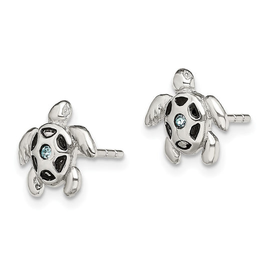 Sterling Silver Antiqued Aquamarine Crystal Turtle Post Earrings