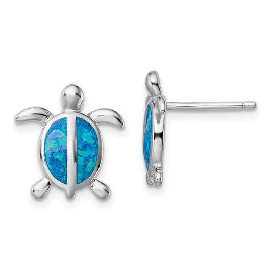 Rhodium-plated Sterling Silver Blue Created Opal Turtle Post Earrings
