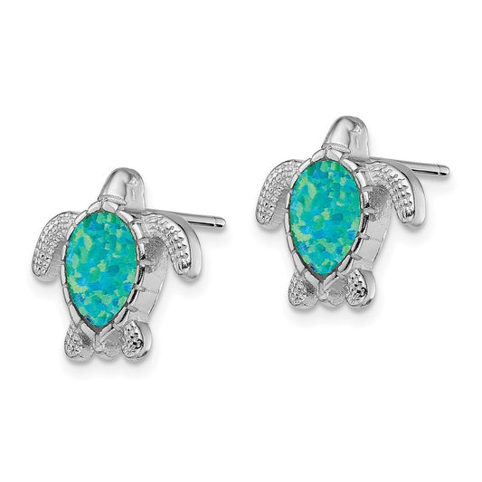 Rhodium-plated Sterling Silver Green Created Opal Turtle Post Earrings