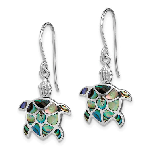 Rhodium-plated Sterling Silver Polished Abalone Turtle Dangle Earrings