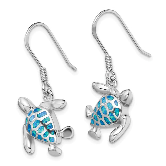 Rhodium-plated Sterling Silver Blue Created Opal Turtle Earrings