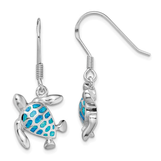 Rhodium-plated Sterling Silver Blue Created Opal Turtle Earrings