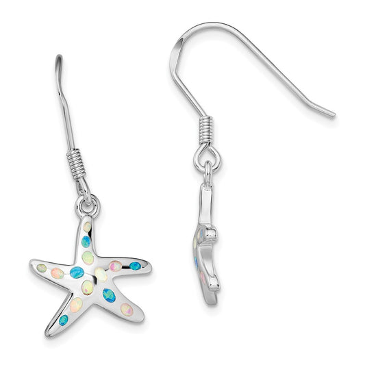 Rhodium-plated Sterling Silver Pink Blue Created Opal Starfish Earrings