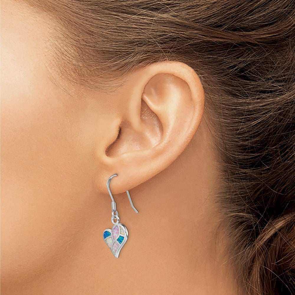 Rhodium-plated Sterling Silver White Pink Blue Created Opal Heart Earrings