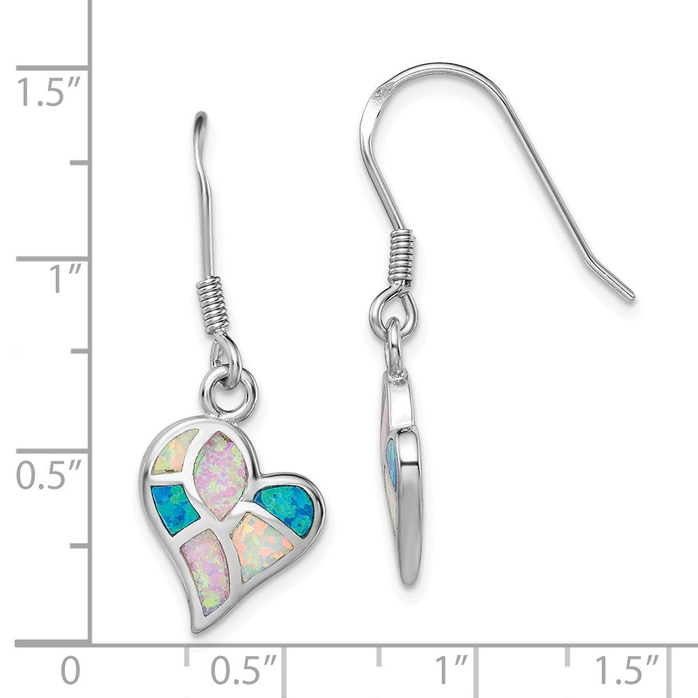 Rhodium-plated Sterling Silver White Pink Blue Created Opal Heart Earrings
