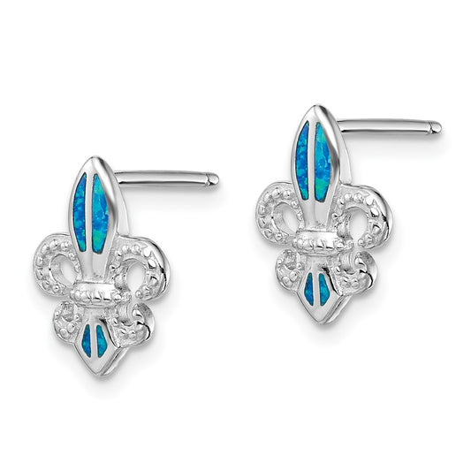 Rhodium-plated Sterling Silver Blue Created Opal Fleur De Lis Earrings
