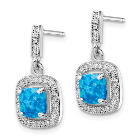 Rhodium-plated Sterling Silver Blue Created Opal CZ Post Earrings