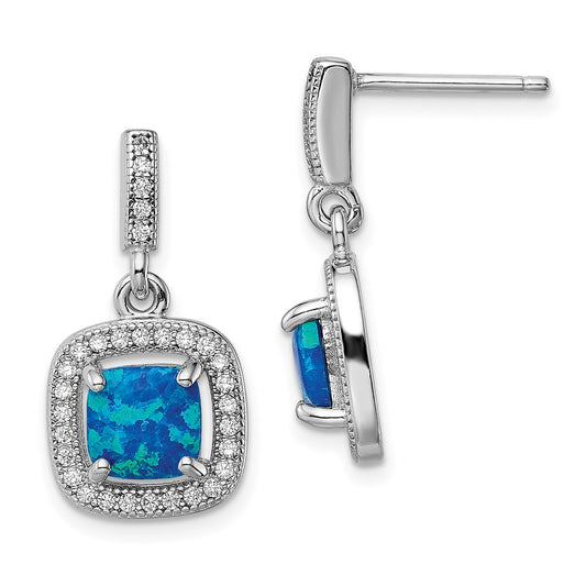 Rhodium-plated Sterling Silver Blue Created Opal CZ Post Earrings