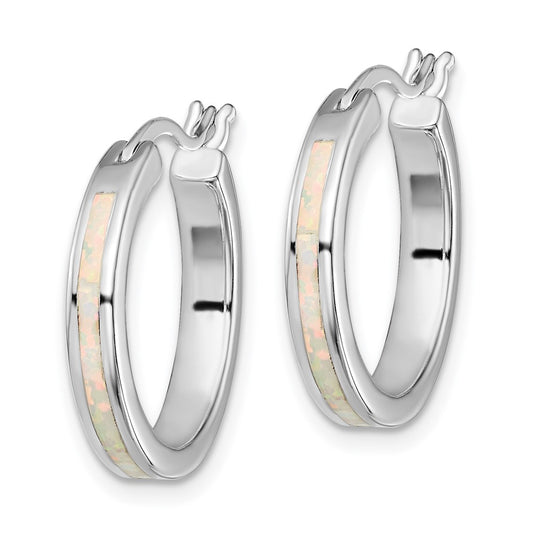Rhodium-plated Sterling Silver White Created Opal Hoop Earrings