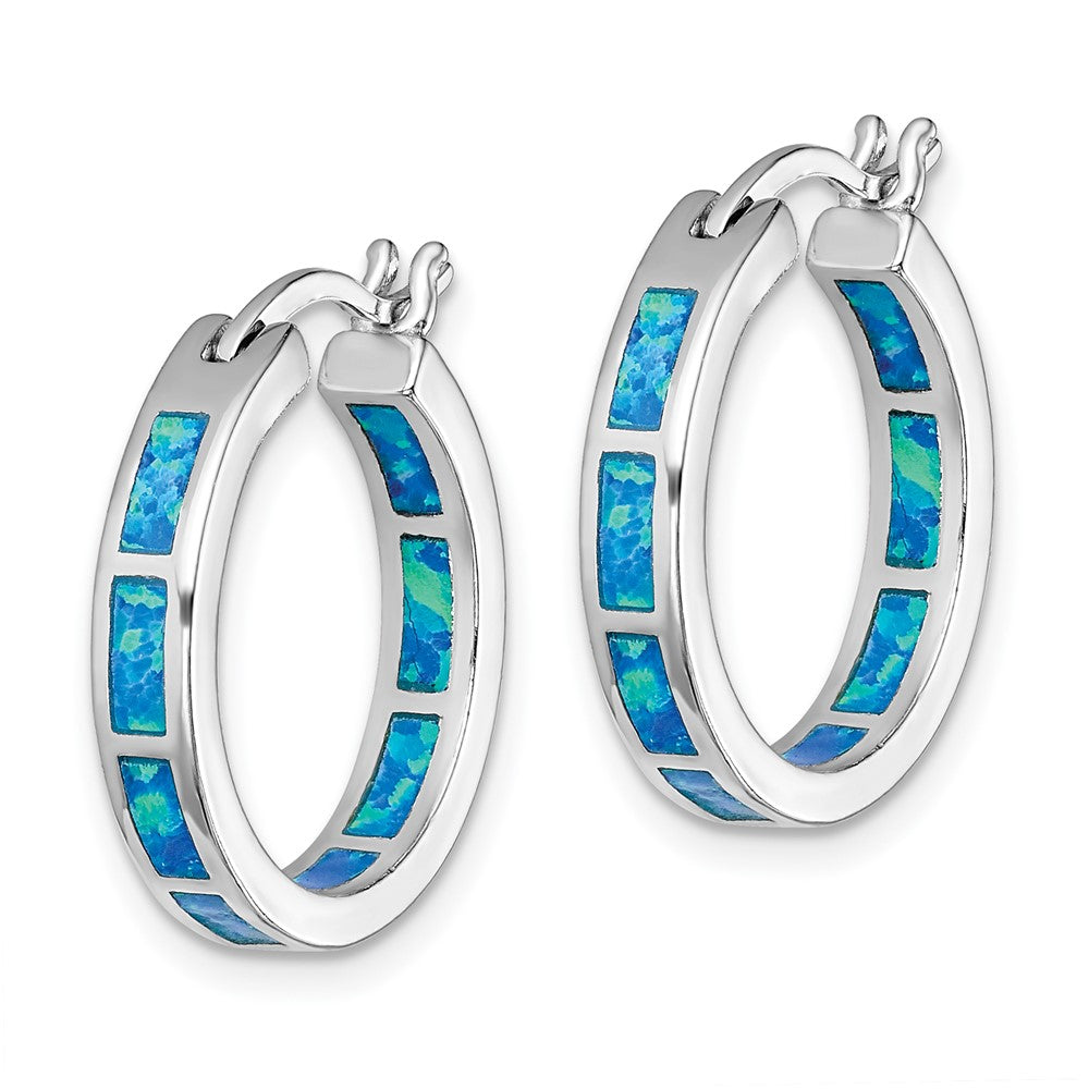 Rhodium-plated Sterling Silver Blue Created Opal In Out Hoops