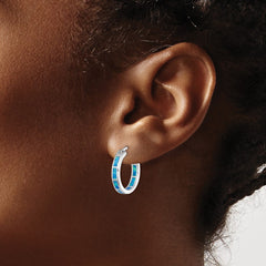 Rhodium-plated Sterling Silver Blue Created Opal In Out Hoops