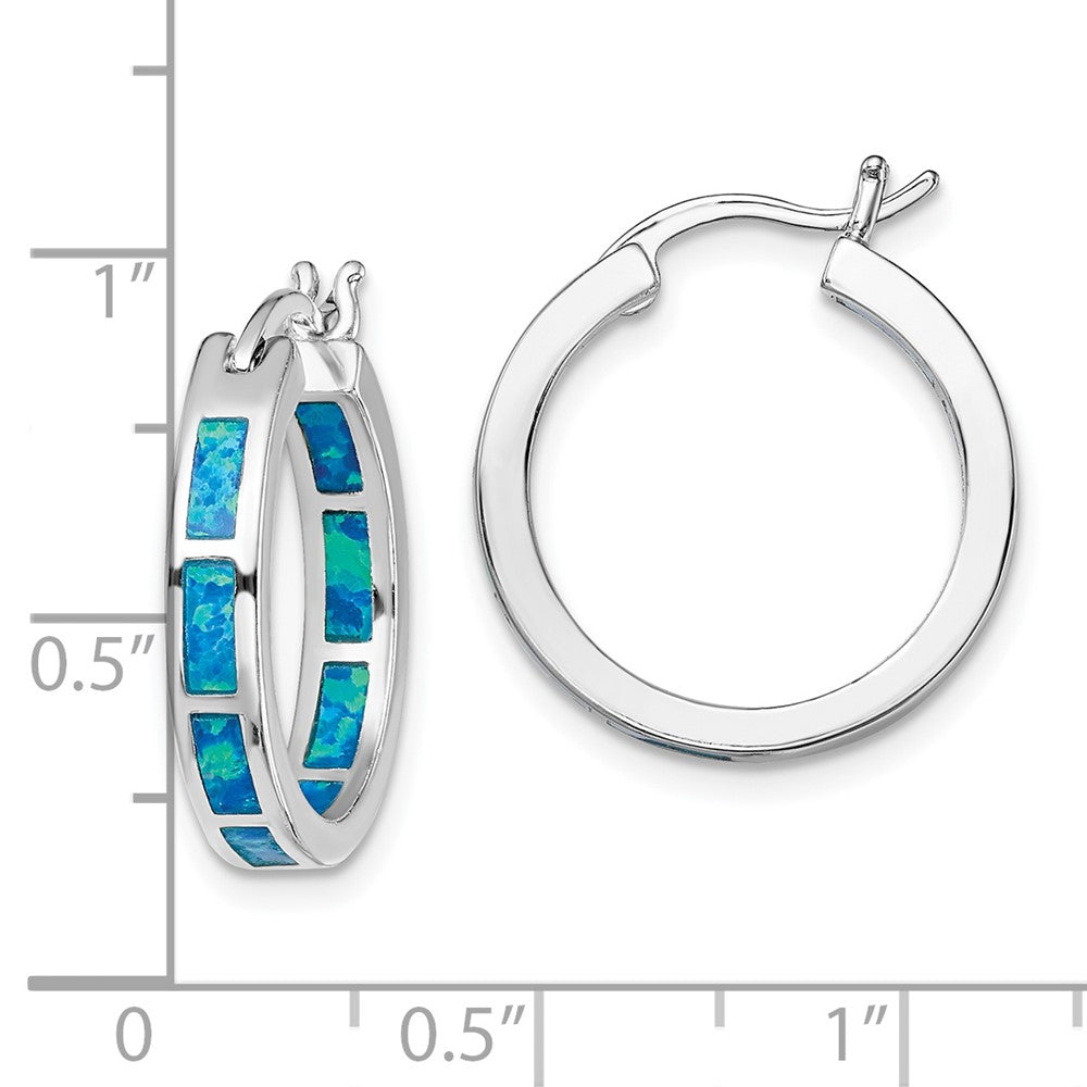 Rhodium-plated Sterling Silver Blue Created Opal In Out Hoops