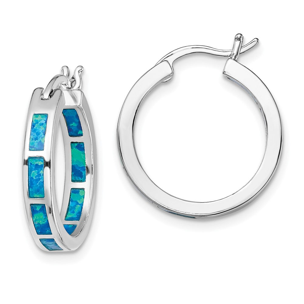 Rhodium-plated Sterling Silver Blue Created Opal In Out Hoops