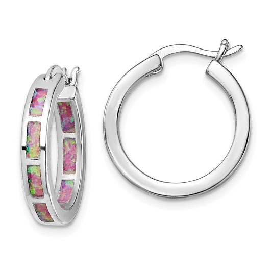 Rhodium-plated Sterling Silver Pink Created Opal In Out Hoops