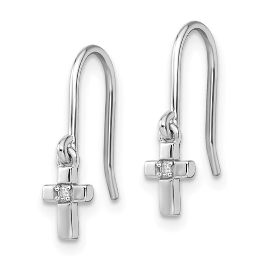 Rhodium-plated Sterling Silver Diamond Cross Dangle Shepherds Hook Earrings