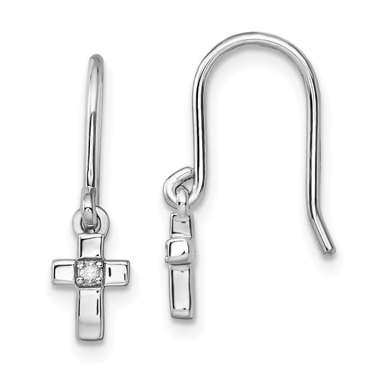 Rhodium-plated Sterling Silver Diamond Cross Dangle Shepherds Hook Earrings