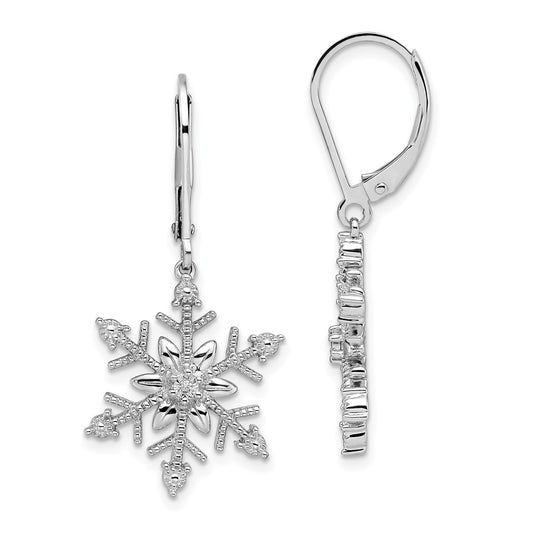 Rhodium-plated Sterling Silver Diamond Snowflake Leverback Earrings