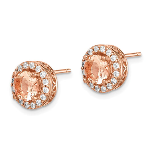 Rose Gold-plated Sterling Silver Round Peach CZ Halo Post Earrings