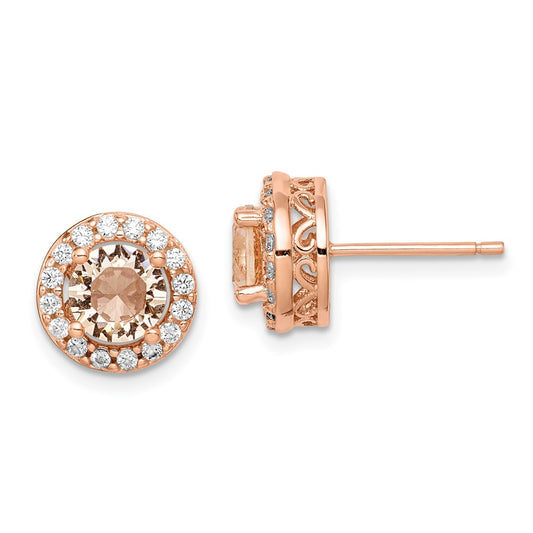 Rose Gold-plated Sterling Silver Round Peach CZ Halo Post Earrings