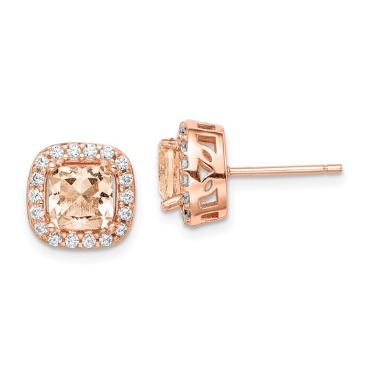 Rose Gold-plated Sterling Silver Square Peach CZ Halo Post Earrings