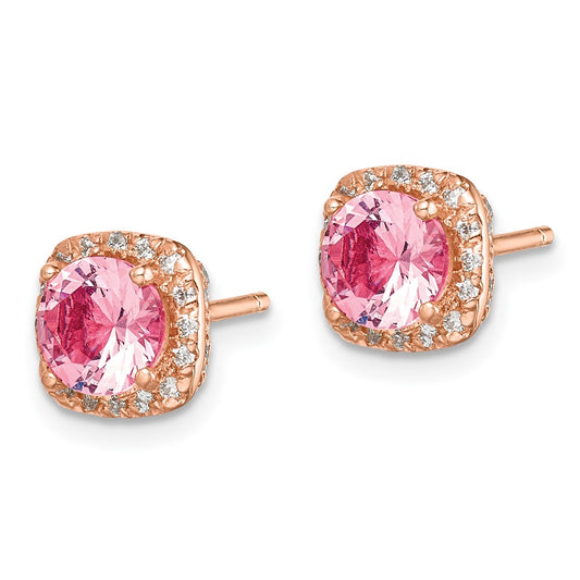 Rose Gold-plated Sterling Silver Square Pink Crystal Center and CZ Post Earrings