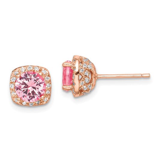 Rose Gold-plated Sterling Silver Square Pink Crystal Center and CZ Post Earrings