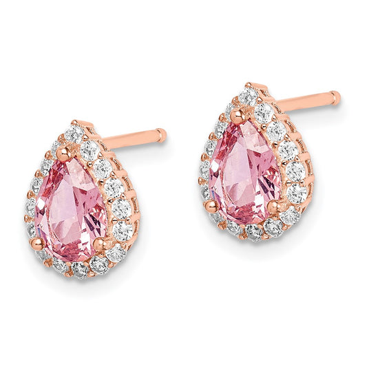 Rose Gold-plated Sterling Silver Post CZ and Pear Teardrop Pink Crystal Earrings