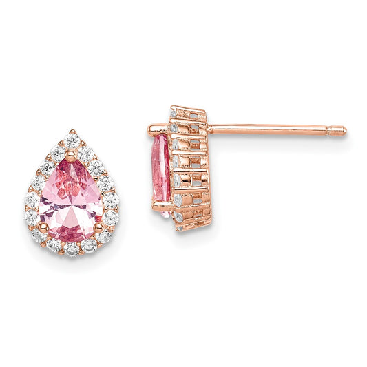 Rose Gold-plated Sterling Silver Post CZ and Pear Teardrop Pink Crystal Earrings