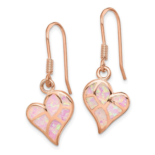 Rose Gold-plated Sterling Silver Created Opal Inlay Heart Dangle Earrings