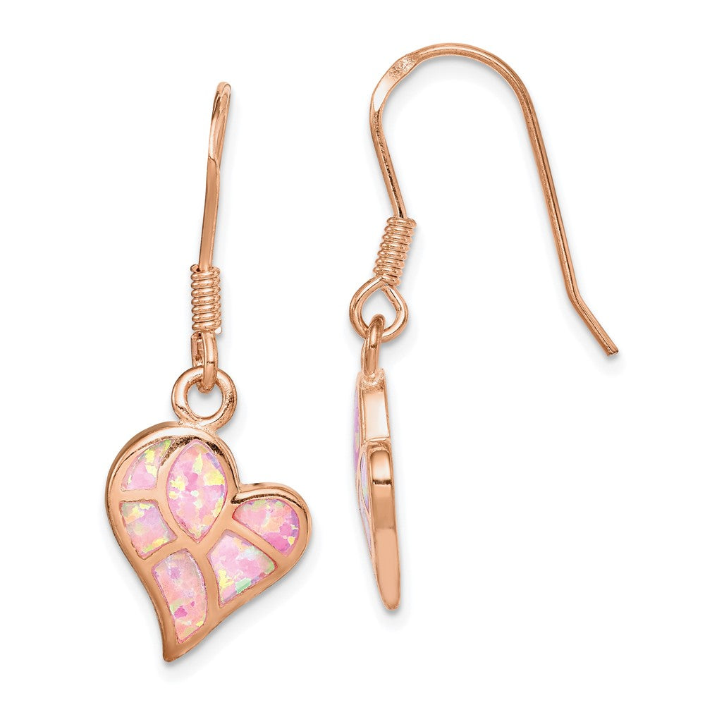 Rose Gold-plated Sterling Silver Created Opal Inlay Heart Dangle Earrings