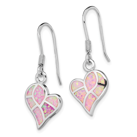 Rhodium-plated Sterling Silver Created Pink Opal Heart Dangle Earrings