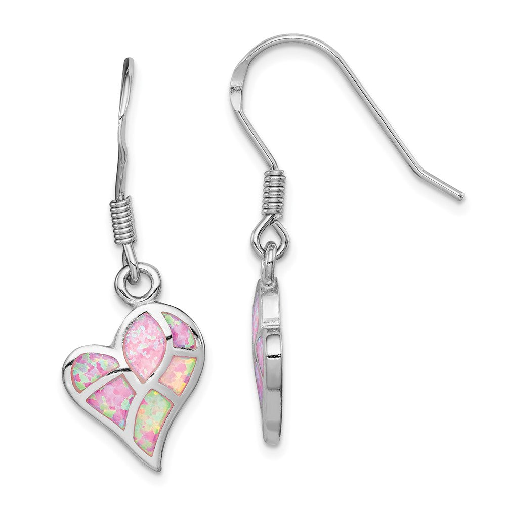 Rhodium-plated Sterling Silver Created Pink Opal Heart Dangle Earrings