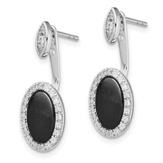 Rhodium-plated Silver Oval Black Agate Jackets with CZ Post Earrings