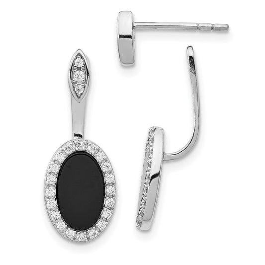 Rhodium-plated Silver Oval Black Agate Jackets with CZ Post Earrings