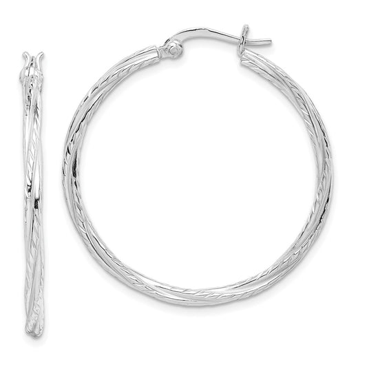 Rhodium-plated Sterling Silver 2x35mm Twisted Hoop Earrings